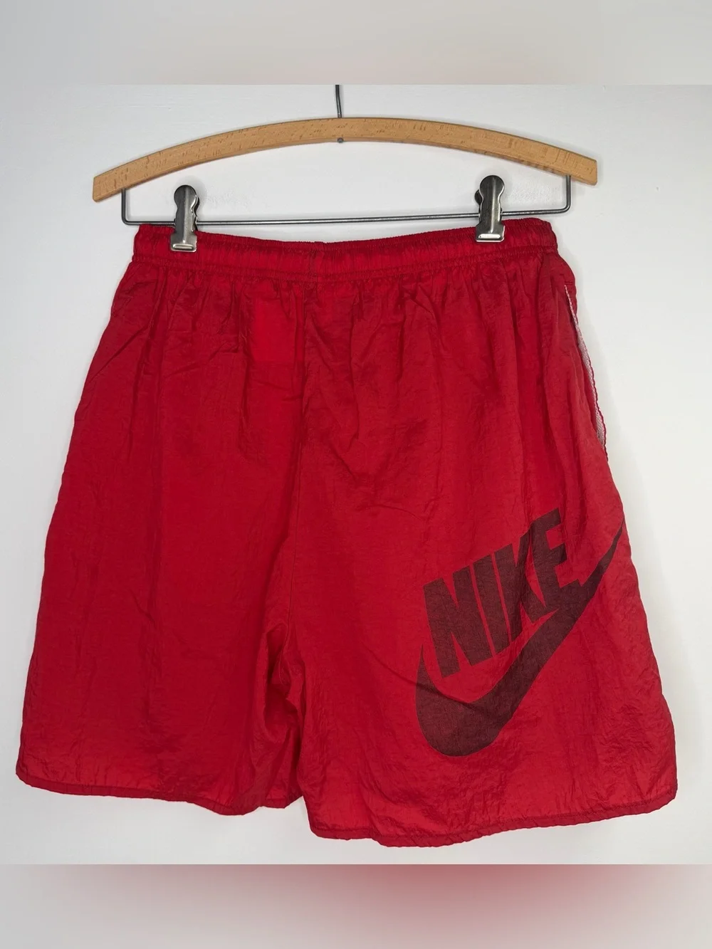 Vintage 90’s Red Nylon Shorts Pockets Embroidered Logo Size Medium‎